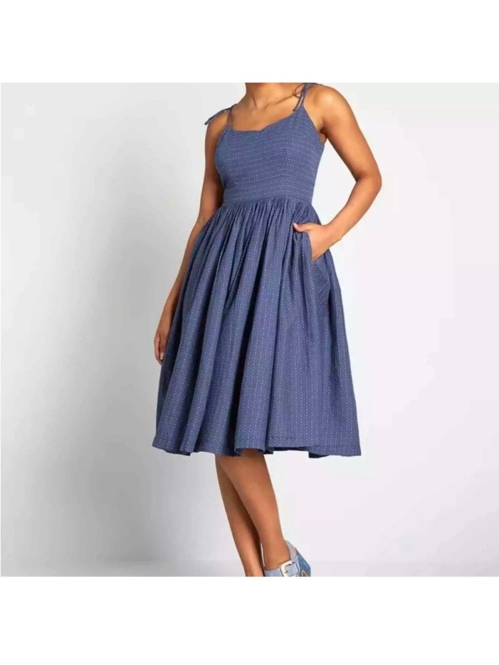 ModCloth Midi Dress Blue Micro Dot Tie Strap Sweetheart